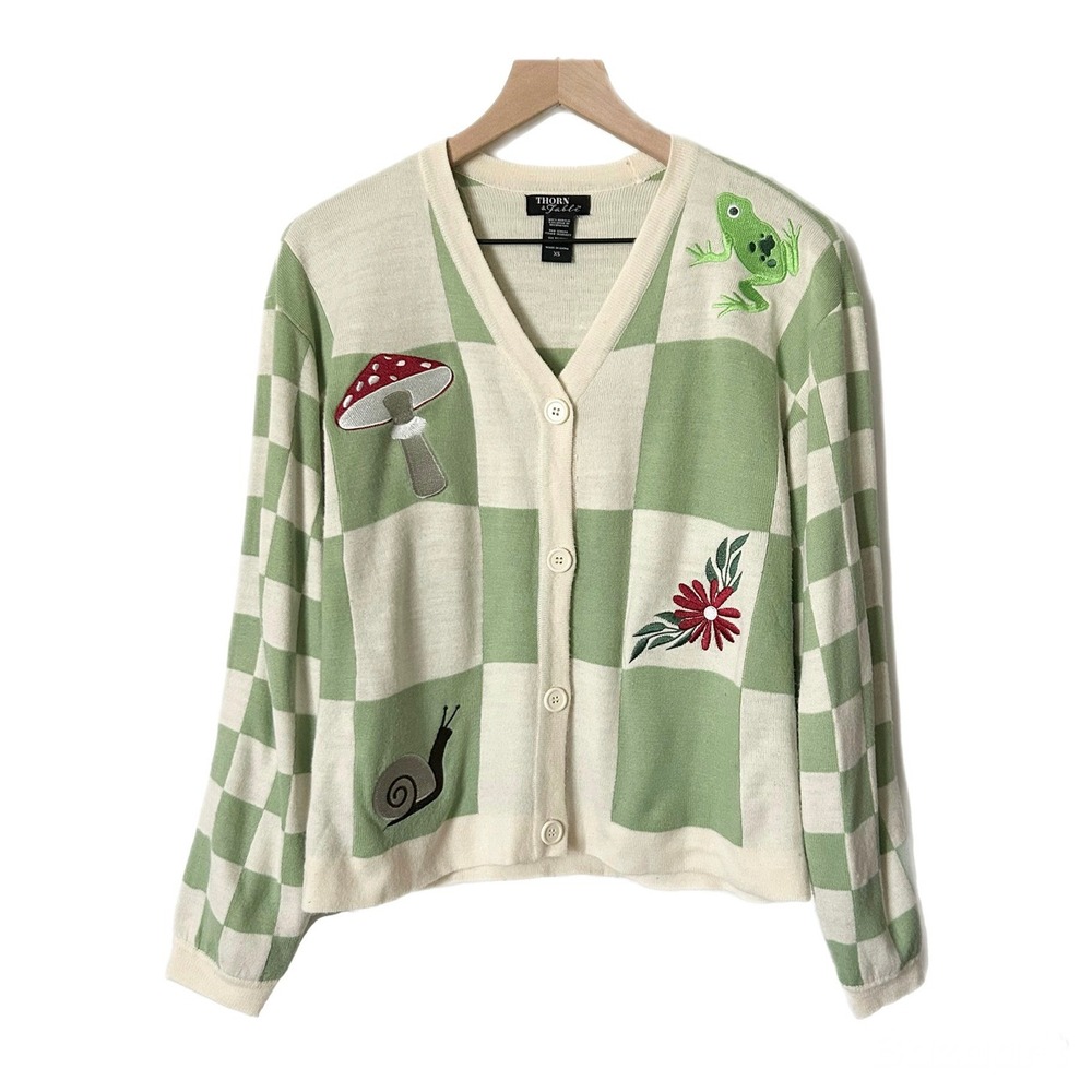 Thorn & Fable Cardigan Green Embroidered Mushroom Frog Snail Size XS